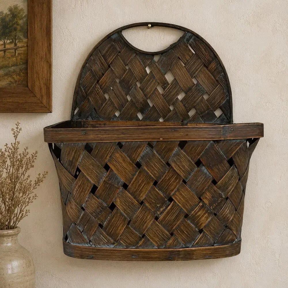 Vintage Handwoven Hanging Wall Basket Wood Splint Primitive Rustic Wall Pocket